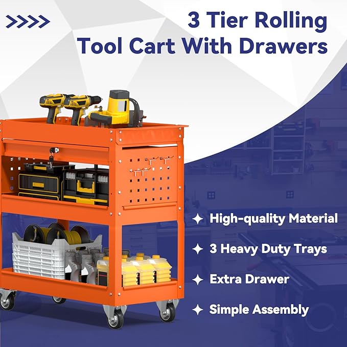 3 Tier Rolling Tool Cart with Drawer, 450 LBS Heavy Duty Utility Cart on Wheels, Service Cart for Garage, Workshop and Warehouse (Orange)