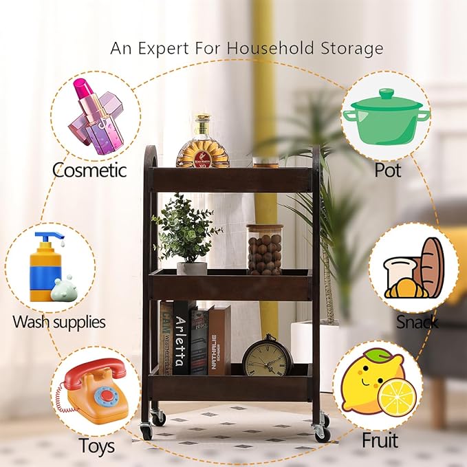 3 Tier Rolling Craft Cart Slim Rolling Storage Cart Wooden Cart on Wheels Bathroom Organizer Rolling Utility Cart Mobile Shelving Unit for Kitchen Bathroom Laundry Narrow Places (Black)