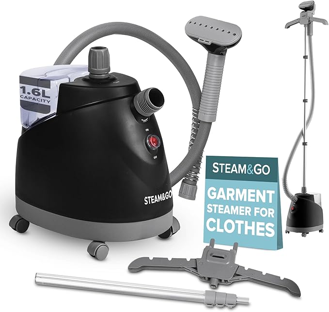 Steam & Go - The Rival Handheld Steamer - Upright Fabric Steamer for Clothes, Garments, Curtains, Bedding & Upholstery - Quick-Heating Foldable Steam Iron with Adjustable Pole Hanger & Detachable Tank