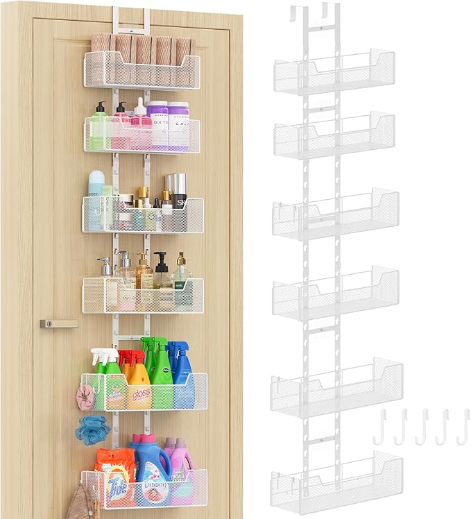 Over The Door Organizer, Metal Hanging Door Organizer with 6 Adjustable Baskets and 5 Hooks, Behind The Door Storage for Closet Pantry Cabinet Kitchen Bathroom Bedroom, White