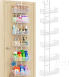 Over The Door Organizer, Metal Hanging Door Organizer with 6 Adjustable Baskets and 5 Hooks, Behind The Door Storage for Closet Pantry Cabinet Kitchen Bathroom Bedroom, White