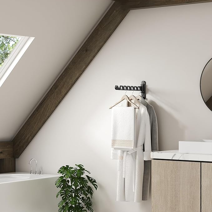 Wall Mounted Clothes Hanger Rack Foldable Drying Rack Hook Folding Indoor for Laundry Room Organization Bedroom Collapsible Racks Perfect for Small Spaces, 6 Hole Black 2 Packs