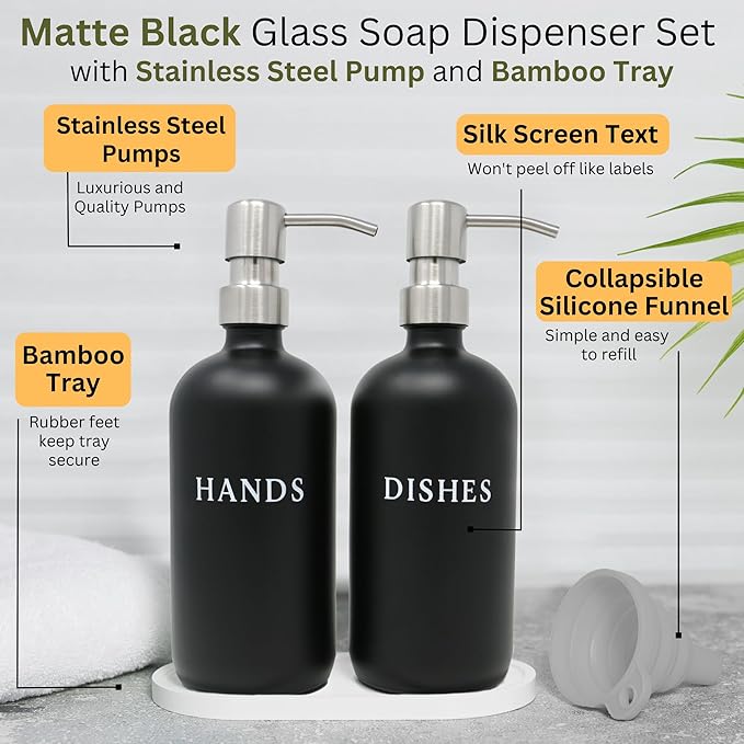 Black Glass Hand and Dish Soap Dispenser Set - Modern Farmhouse Sink Accessories - 16 oz Kitchen Sink Set With Tray, Stainless Pumps & Funnel