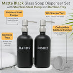 Black Glass Hand and Dish Soap Dispenser Set - Modern Farmhouse Sink Accessories - 16 oz Kitchen Sink Set With Tray, Stainless Pumps & Funnel