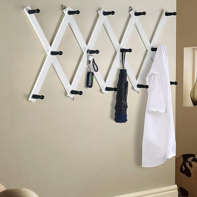Dseap Accordian Wall Hanger: 16” High Wooden Wall Expandable Coat Rack, Hat Rack Holder, Accordion Hook for Baseball Caps, Coats, Mugs, 14 Peg Hooks, White & Black