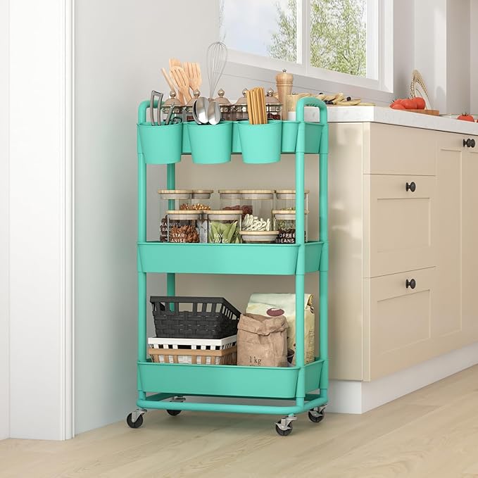 JIUYOTREE 3-Tier Plastic Rolling Storage Cart Utility Cart with Extra Hanging Cups Handles Lockable Wheels for Living Room Bathroom Kitchen Office Green
