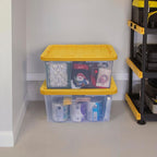 CX BLACK & YELLOW, 27-Gallon Heavy Duty Clear Storage Container & Snap-Tight Lid, Clear & Yellow (14.3H x 20.6W x 30.6D), Weather-Resistant, Stackable, See-Through Organization Tote [4 Pack]