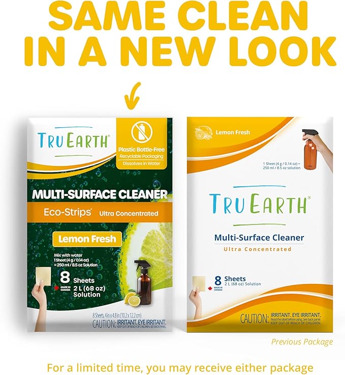Tru Earth Multi-Surface Cleaner Eco-Strips | All Purpose Cleaner Concentrate for Multi-Use, Fresh Lemon Scent, 8 Strips