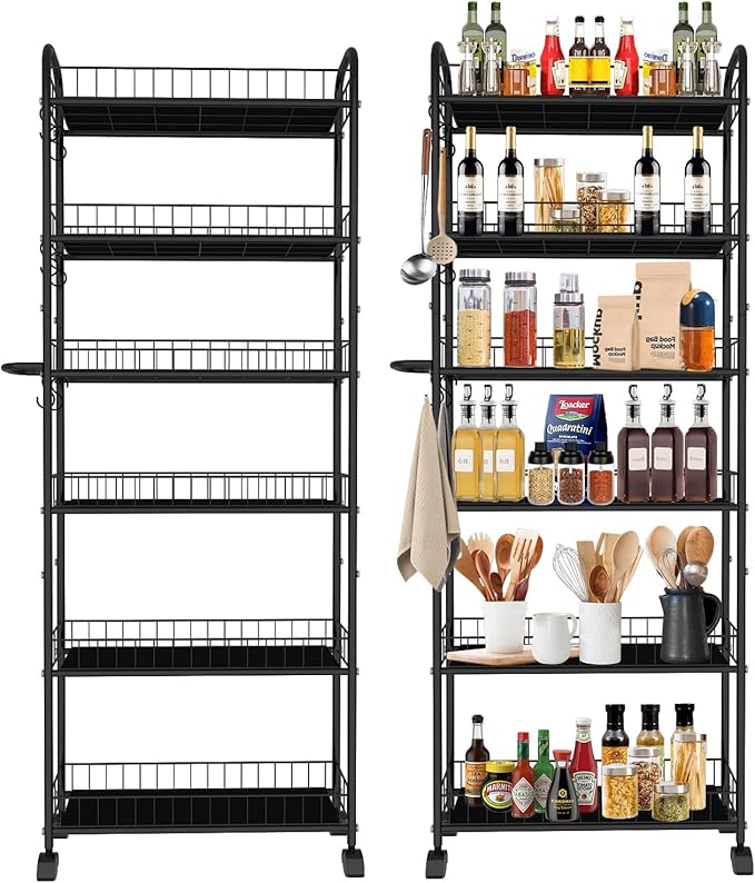 Slim Rolling Cart,6-Tier Storage Cart with Handle, 6in Mobile Shelving Unit with Wheels, Metal Wire Storage Rack with Baskets for Kitchen Bathroom Office Laundry Narrow Piaces