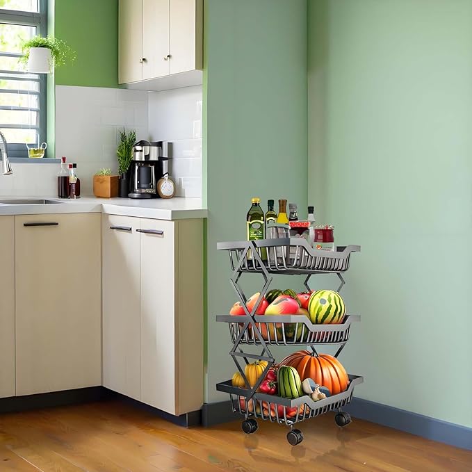 Black 3-Tier Rolling Kitchen Cart, Foldable Metal Utility Organizer with Wheels, Compact Storage Rack for Pantry, Bathroom, Bedroom, Office, 14.17" L x 10.71" W x 21" H