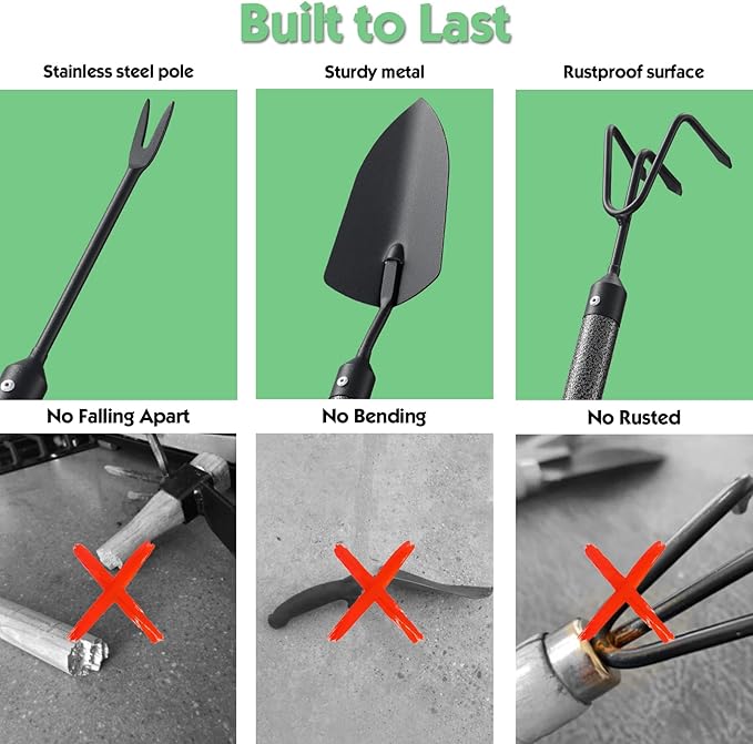 Garden Tools Set 5 Piece with Extended Handle, Heavy Duty Garden Tools Set, Ideal Gardening Tool Kit Gifts for Parents and Kids Including Trowels, Hand rake, Weeder, Pruning Shears