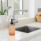 12Oz Small Glass Soap Dispenser with Black Plastic Pump, Amber Refillable Kitchen Countertop Liquid Hand Soap Dispensers with Diamond Design, Crystal Bathroom Lotion Bottle for Dispense Dish Soap