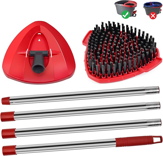 4 Part Stainless Steel Spin Mop Handles, Mop Base & Upgrade Scrub Brush Combo for Ocedar EasyWring 1 Tank Spin Mop System, Mop Handle Mop Base & Brush Set for O Cedar Mop, Universal Thin Screw Joints