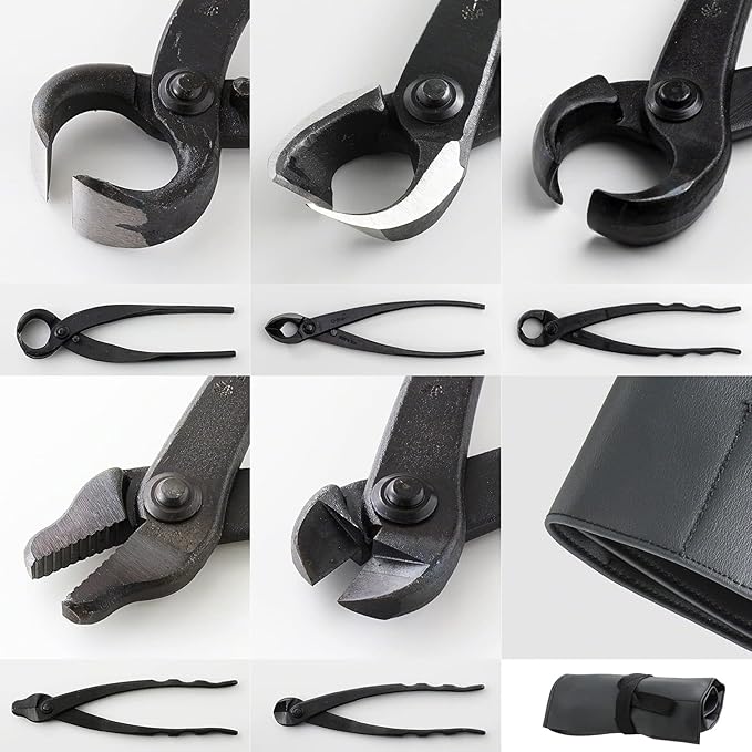 Wazakura Made in Japan 5 PCS Bonsai Cutter Tools Set with Roll Bag: Concave Branch Cutter, Knob Cutter, Jin Plier, Wire Cutter, Root Cutter. Bonsai Tool Kit - 5PCS Bonsai Cutter Set with Case