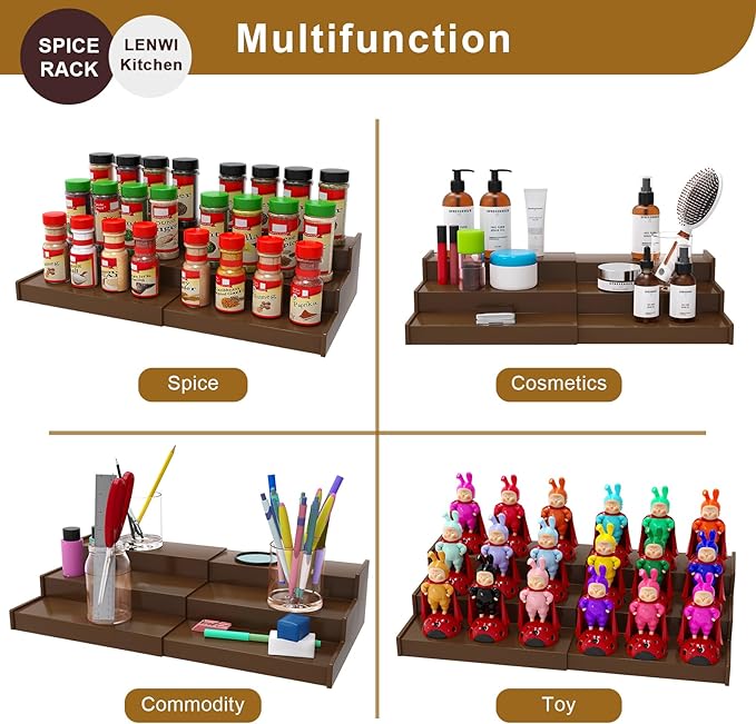 Spice Rack Organizer for Cabinet, 3 Tier Expandable Bamboo Spice Storage, Great for Kitchen Cabinet, Cupboard,Pantry and More(Brown)