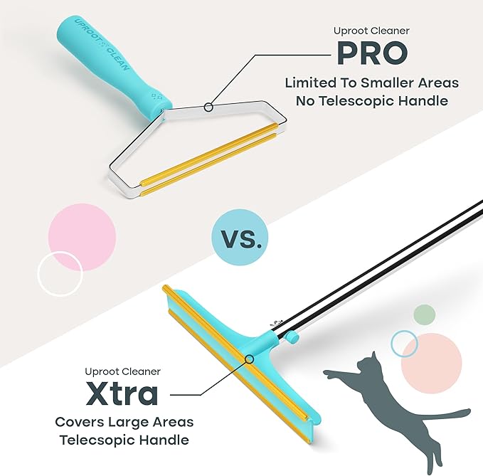 Uproot Cleaner Xtra Pet Hair Removal Tool: Reusable Carpet Rake with Telescopic 60" Handle - As Powerful as Uproot Cleaner Pro Pet Hair Remover, but Made for Carpets, Curtains - Don't Bend Don't Kneel