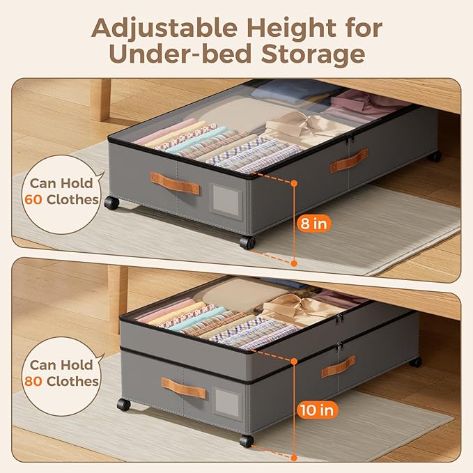 Under Bed Storage with Wheels, Large Capacity UnderBed Containers with Clear Lids, Shoe Organizer Under Bed Drawers, Rolling Under the Bed Storage for Clothes, Shoes, Blankets