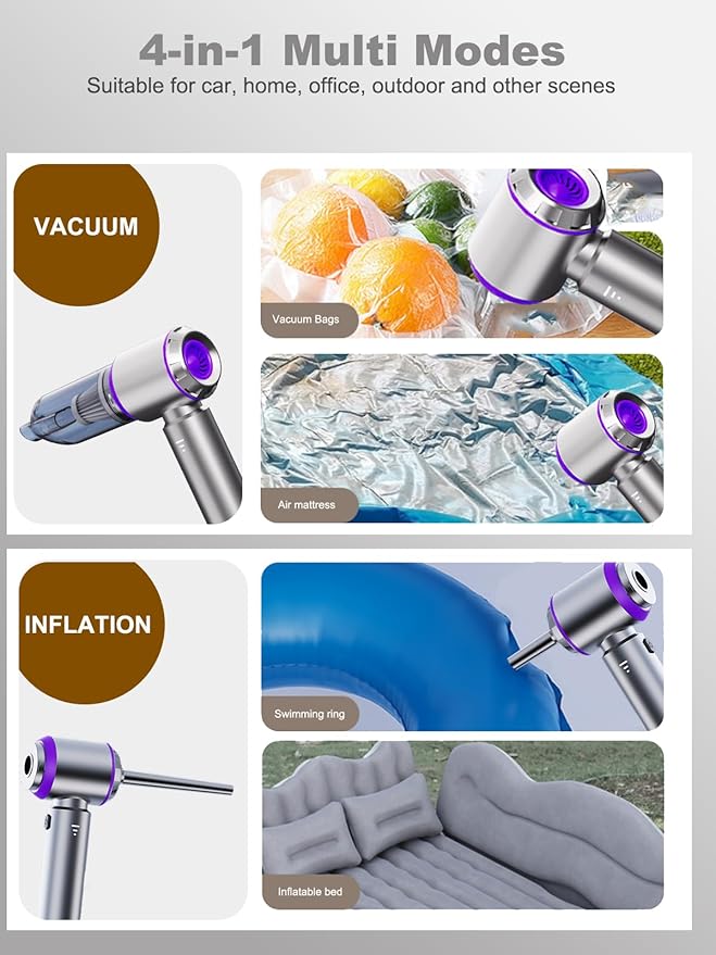 Vacuum/Air Duster 80,000RPM Super Power Mini Car Vacuum Cleaner 4-in-1 air Blower Gun Air Duster & Air Blower & Pump Hand Electric air Duster Handheld dust Blower Blower Cordless (Purple)