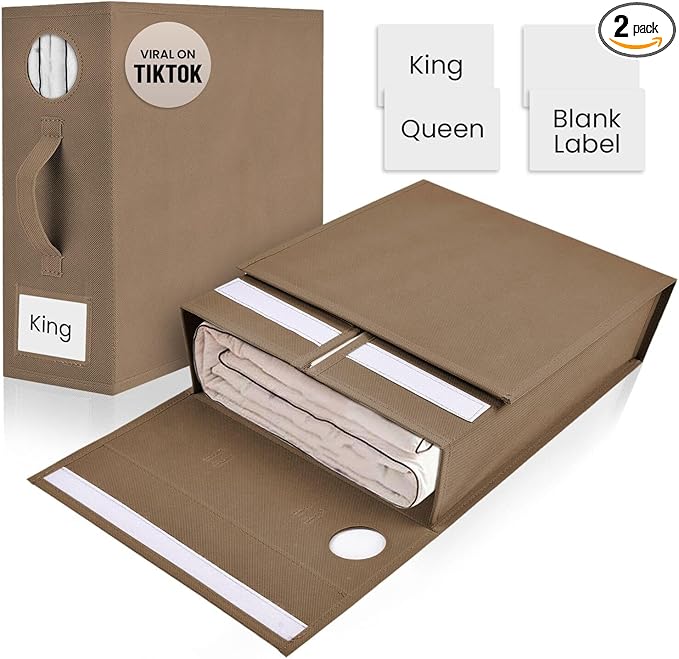 2 Pack Bed Sheet Organizer and Storage, Foldable Storage Organizer for Linen Closet with Viewing Window & Label for Bedding Sheets & Blankets (Queen & King Size) Taupe