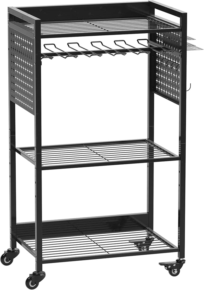 Utility Cart & Tool Organizer with 3-Tier Shelves, Pegboards & Electric Drill Holder | Heavy-Duty Rolling Cart for Garage & Workshop | Mobile Tool Storage & Gift for Men