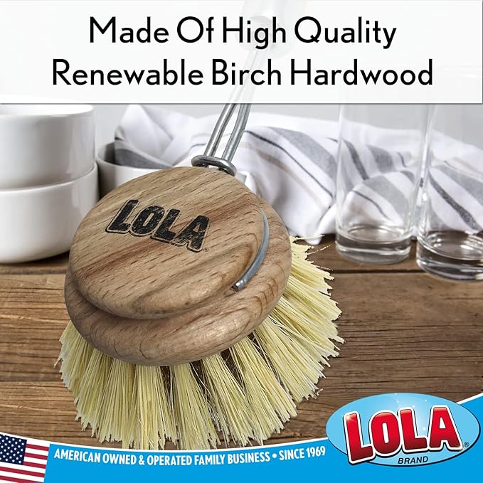 Lola Products Replacement Heads for The Original Pot & Pan Brush, Brass Wire & Tampico Bristles, Birch Hardwood, Heavy Duty Cleaning - 3 Pack
