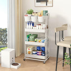 JIUYOTREE 4-Tier Plastic Rolling Storage Cart Utility Cart with Extra Hanging Cups Handles Lockable Wheels for Living Room Bathroom Kitchen Office White