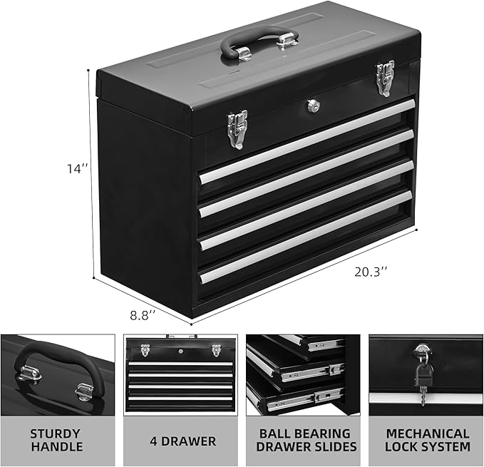 Tool Chest Cabinet, Large Capacity Metal Tool Box with Wheels and Cylinder Locking, Roll Around Storage Organizer Tool Cart for Garage, Redtool cabinets on Wheels (Black, 4-Drawer)