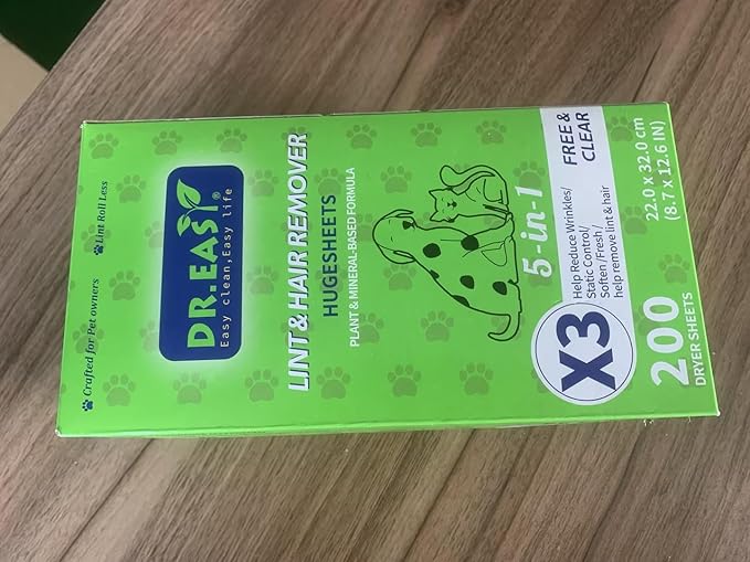Dr.Easy LINT & HAIR REMOVER Pet HUGESHEETS with 3X Dryer Sheets, Free & Clean, 200 Count,PLANT&MINERAL-BASED FORMULA