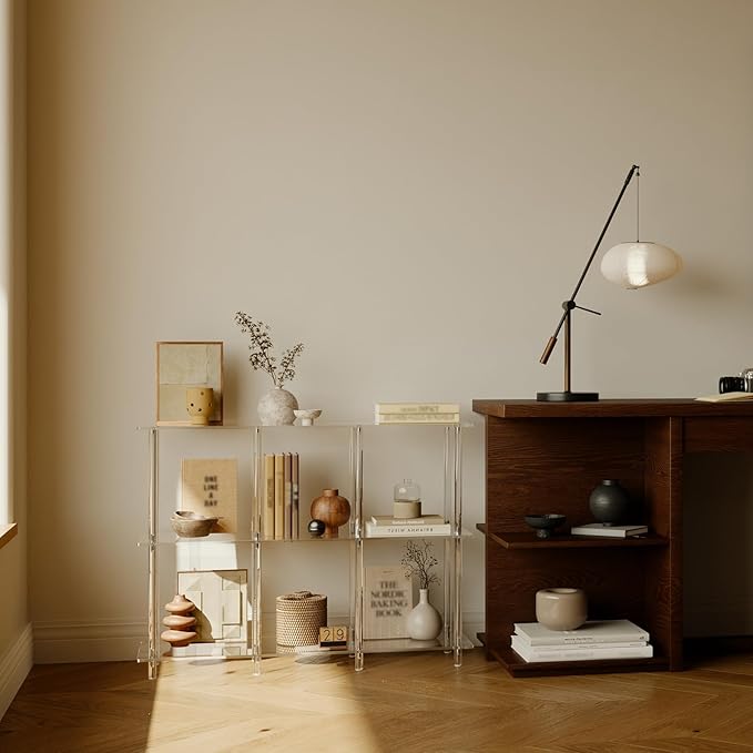 Acrylic Horizontal Bookshelf, 11.6" D x 35.4" W x 26.5" H, 3-Tier Clear 6 Cube Organizer Bookcase, Open Low Book Shelf for Home Office, Living Room, Bedroom, Modern, Easy Assembly