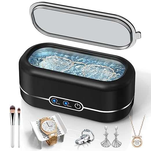 Ultrasonic Jewelry Cleaner, 48KHz Ultrasonic Cleaner Machine for Jewelry, Glasses, Rings, Retainers, Watch Strap, Dentures, 304 Stainless Steel 12oz Cleaning Pod - Black