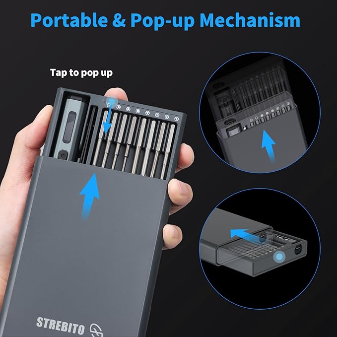 STREBITO Mini Electric Screwdriver Set, 70 in 1 Small Electric Screwdriver - 64 S2 Preicison Bits, 5 Torque Settings, 4 LED Lights, Mini Power Screwdriver Repair Tool Kit for PC Electronic (Upgraded)