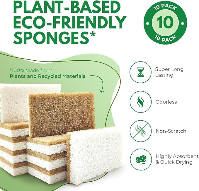 10 Pack Biodegradable Natural Kitchen Sponge - Compostable Cellulose and Coconut Walnut Scrubber Sponge - Eco Friendly Sponges for Dishes