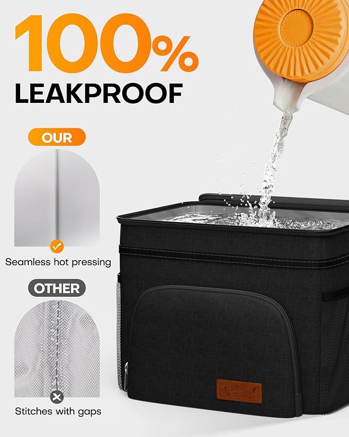 HOTOR Insulated Lunch Box for Men & Women - Leak-Proof Cooler Lunch Bag with 4 Pockets, Adjustable Strap, Ideal for Work, Picnic, Travel - Large, Black, 13.0"×7.9"×9.1"