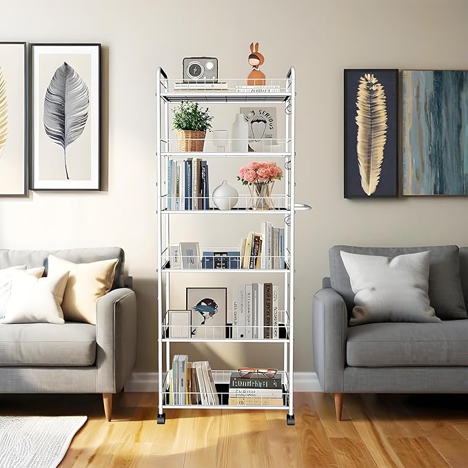 6 Tier 10in Slim Rolling Storage Cart with Handle, White Mobile Shelving Unit with Wheels, Metal Wire Storage Rack with Baskets for Kitchen Bathroom Office Laundry Narrow Piaces