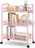 TOOLF 3 Tier Rolling Utility Cart - Durable Metal Design Pink Utility Cart, Storage Trolley on Wheels with 3 Hooks, Perfect for Kitchen, Bathroom & Laundry Room Organization