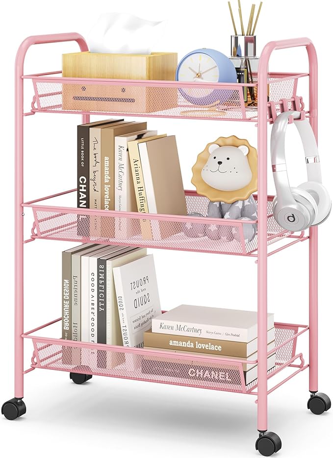 TOOLF 3 Tier Rolling Utility Cart - Durable Metal Design Pink Utility Cart, Storage Trolley on Wheels with 3 Hooks, Perfect for Kitchen, Bathroom & Laundry Room Organization