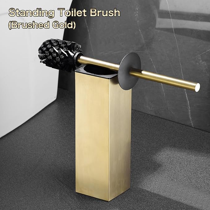 Upright Toilet Brush and Plunger Set, Square Toilet Cleaner, Toilet Brush Holder Set Brushed Gold