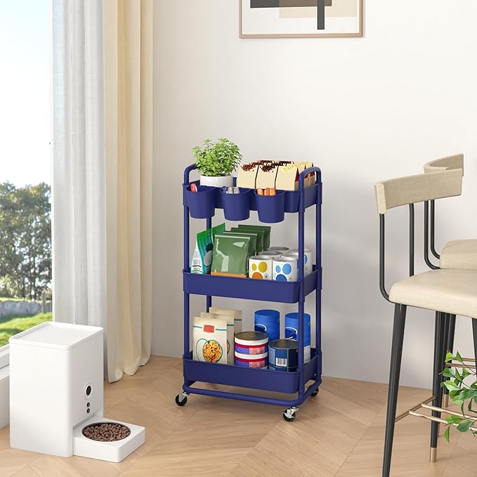 JIUYOTREE 3-Tier Plastic Rolling Storage Cart Utility Cart with Extra Hanging Cups Handles Lockable Wheels for Living Room Bathroom Kitchen Office Blue
