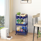 JIUYOTREE 3-Tier Plastic Rolling Storage Cart Utility Cart with Extra Hanging Cups Handles Lockable Wheels for Living Room Bathroom Kitchen Office Blue