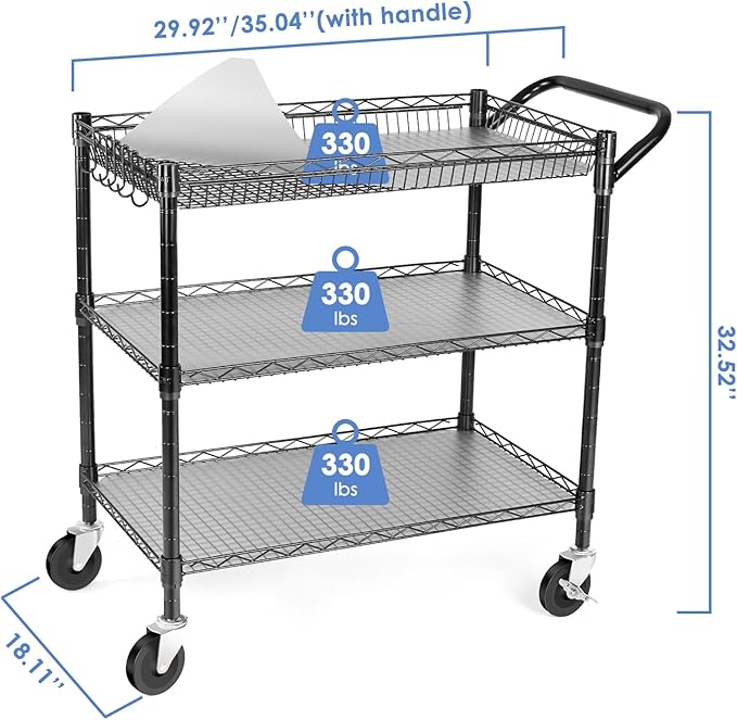 WDT Heavy Duty 3 Tier Utility Cart,Wire Rolling Cart with Wheels, Commercial Grade Service Cart with Shelving Liners and Handle Bar Metal Carts for Kitchen Office Hardware (990LBS Capacity Black)