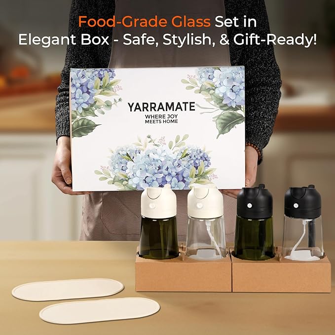YARRAMATE 4Pcs 16oz/470ml Glass Olive Oil Sprayer Set with Stickers, Kitchen Gadgets, Including 2Pcs Non-Slip Bottle Mat, Cleaning Brush-Aesthetic Ideal Kitchen Gift