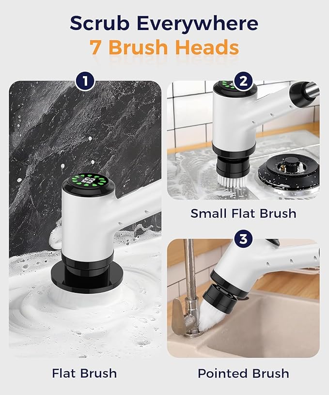 Electric Spin Scrubber, Cordless Cleaning Brush, Bathroom Shower Scrubber with 7 Replaceable Brush Heads, 2 Adjustable Speeds, Extension Handle, IPX7 Waterproof for Tub Tile Floor Car13.