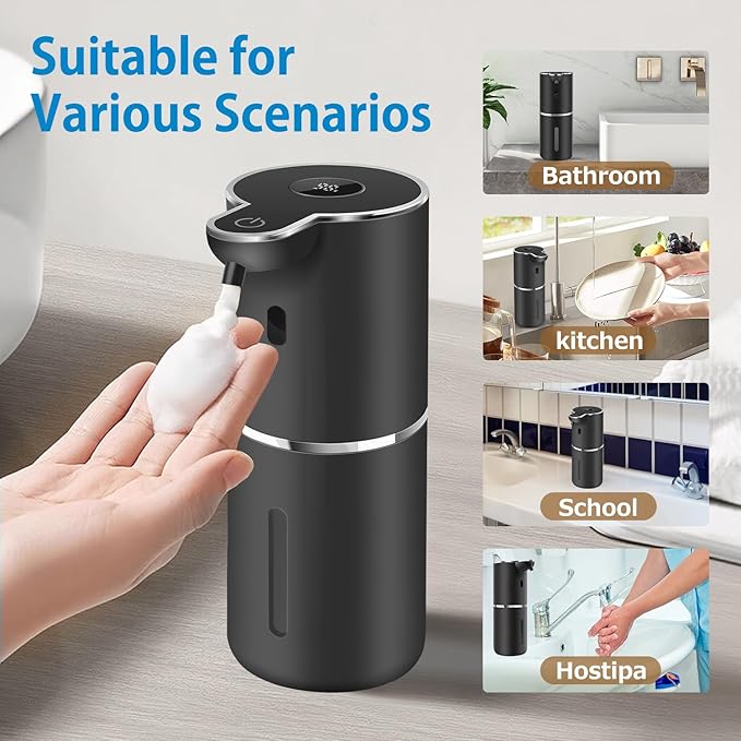 Automatic Foaming Soap Dispenser 12.8oz, Rechargeable & 6 Levels Foaming Adjustable with Digital Display, Wall Mount, Waterproof, Touchless Hand/Dish Soap Dispenser for Kitchen, Bathroom, Hotel