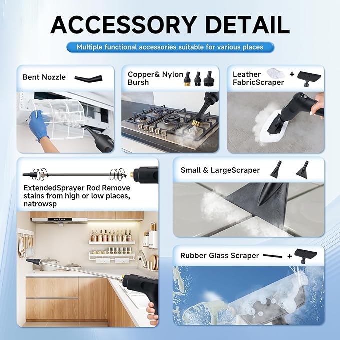 Steam Cleaner, 3-Level Adjustable Handle, 2500W Steam Cleaner for Home, 15s Heat-Up, Portable Steamer for Cleaning Car, 47.04oz Tank, 16 Pcs Accessories for Dirt, Grout, Couch, Furniture, Grease,Tile