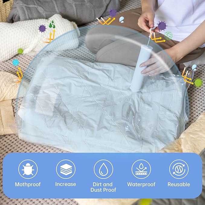 12 Pack Vacuum Storage Bags with Hand Pump, (3 Small, 3 Medium, 3 Large, 3 Jumbo) Vacuum Seal Bags for Clothing, Space Saver Bags for Travel, Luggage Compression Packing