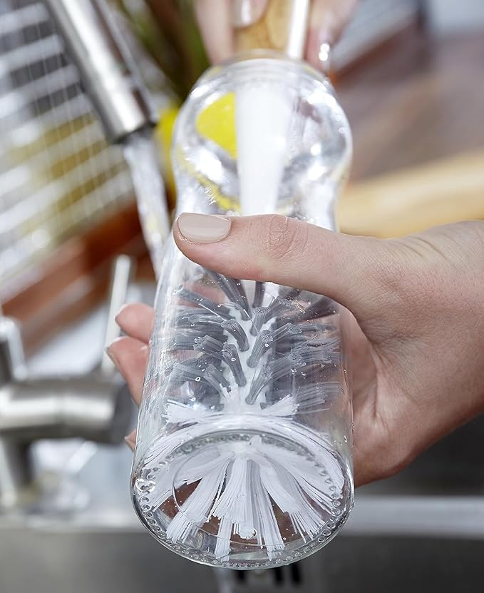 Full Circle Clean Reach Bottle Brush with Replaceable Bristle Brush Head, Bamboo Handle, White