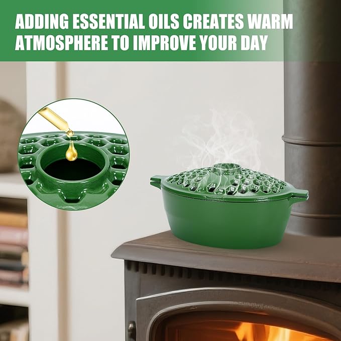 G GOOD GAIN Wood Stove Steamer - Cast Iron Stove Humidifier with Large Opening Top | Oval Bowl Fire Place Stove Pot for Home Heating Decorative | Matte Finish & 2.7 Quart, Green