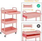 Calmootey 3-Tier Rolling Utility Cart with Drawer,Multifunctional Storage Organizer with Plastic Shelf & Metal Wheel,Storage Cart for Kitchen,Bathroom,Living Room,Office,Pink