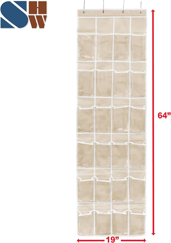 SIMPLE HOUSEWARE 24 Pockets - Crystal Clear Over The Door Hanging Shoe Organizer, Beige (64'' x 19'')