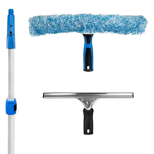 Unger Professional Connect and Clean Total Pro Cleaning Kit, All-in-One Household Window Washing with Streak-Free Results, Includes 12” Squeegee, 14” Scrubber Washer, Telescopic Pole Extends Up to 6’